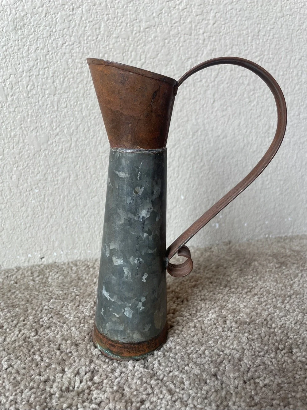 Farmhouse Style Rustic Galvanized Metal Pitcher Vase 8” Copper Accent Cottage